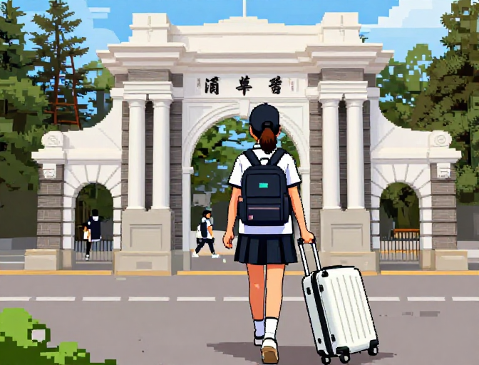 像素风 2025 高考考生走向清华校园