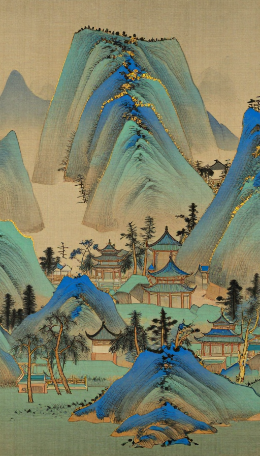 金线勾勒蓝绿山水,工笔亭阁树木意境