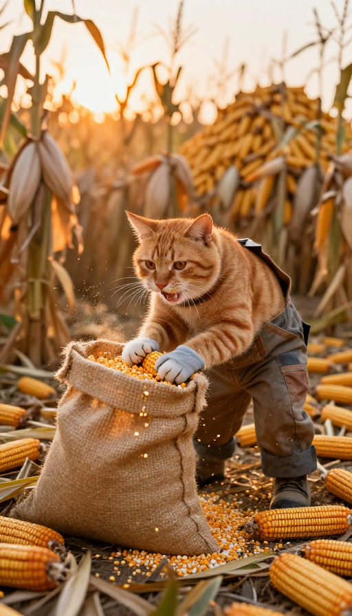 拟人橘猫丰收忙:麻袋装玉米的温馨田园瞬间