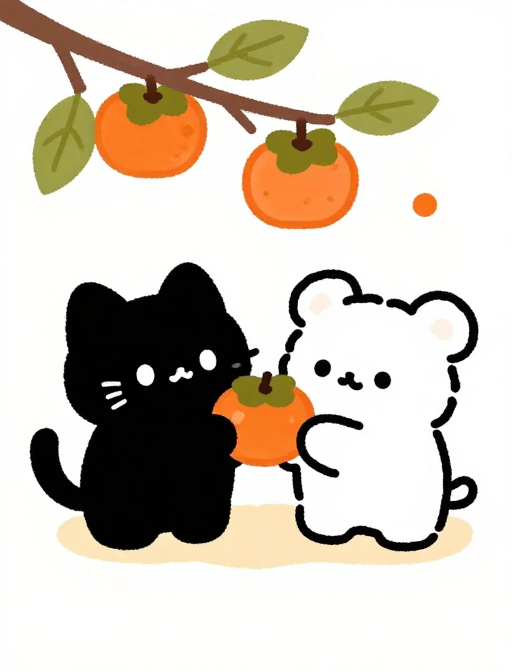 治愈系简笔画：黑猫白熊摘柿子的温暖午后