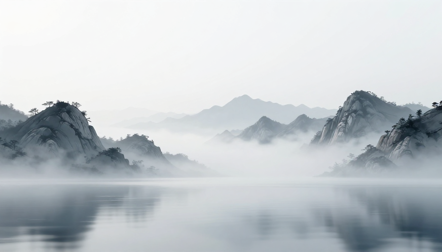 极简水墨山水:冷灰蓝雾境东韵