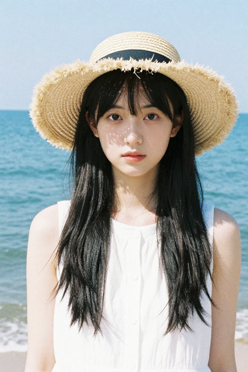 日系胶片海边少女：草帽下柔光与蓝白黑的清新邂逅