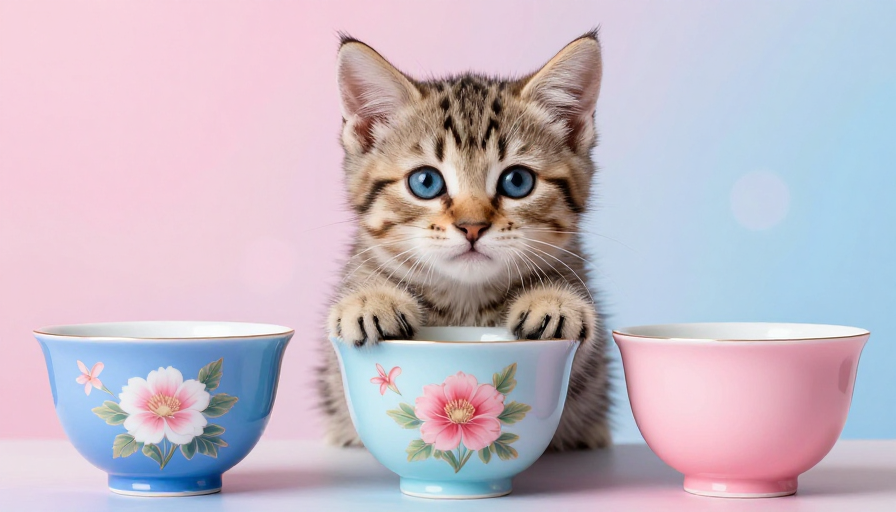 虎斑猫抱花杯：粉蓝柔光下的萌宠广告