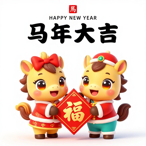 金鬃小马贺新春:卡通马年吉祥插画
