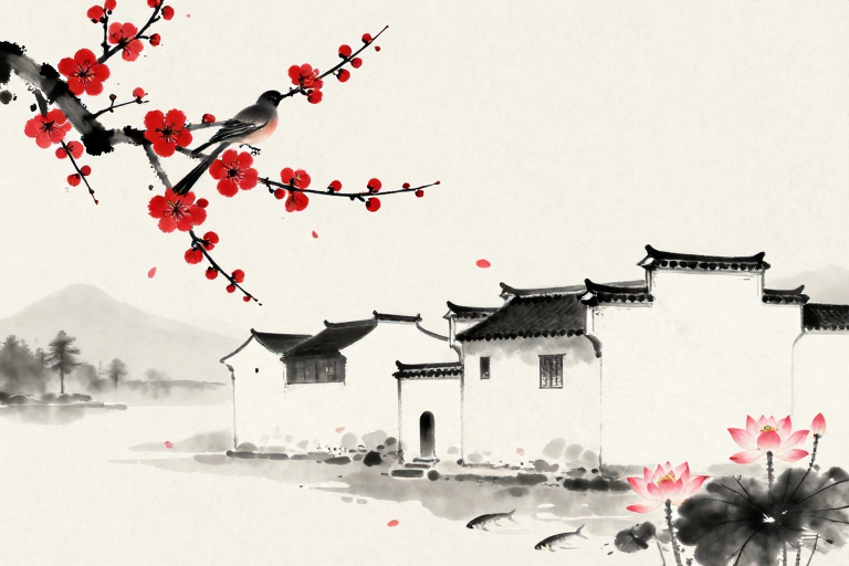 水墨红梅映徽派,东方诗意画卷
