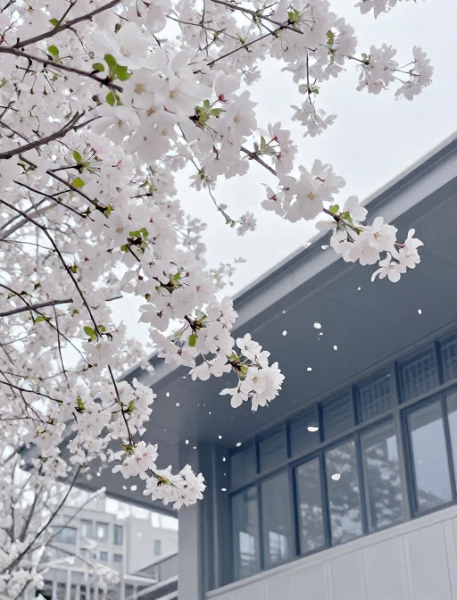 海棠花海与现代建筑：圣洁如雪的初雪质感
