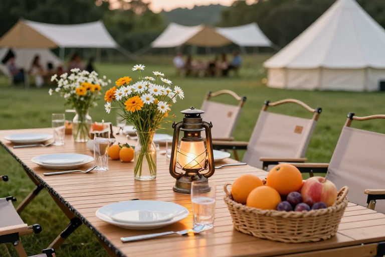 黄昏野餐：精致户外餐桌与复古暖光美学