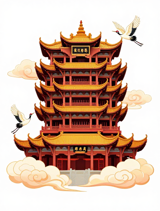 黄鹤楼漫画贴纸：仙鹤祥云环绕的高清艺术插图