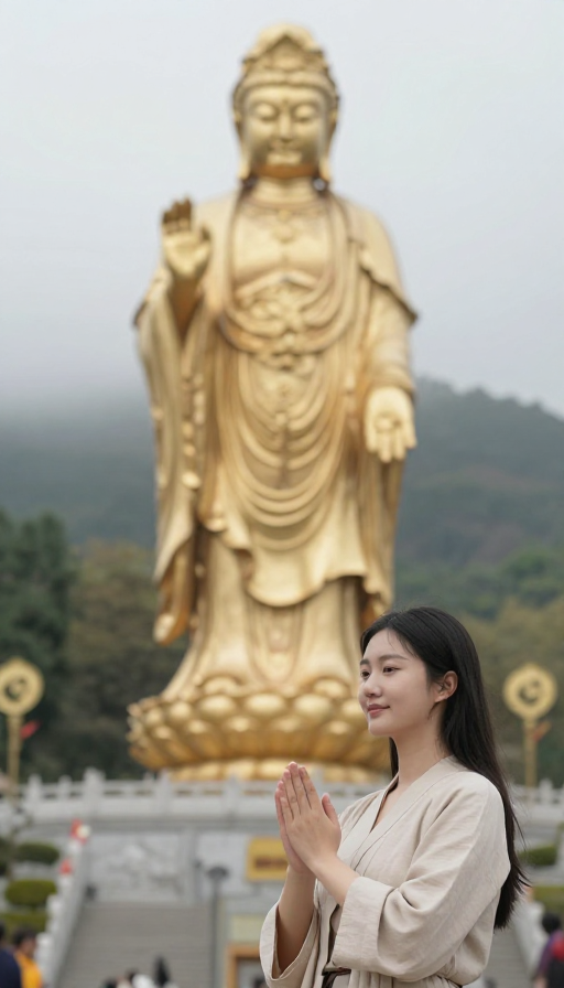 美少女恭虔礼拜佛祖，静享心灵安宁