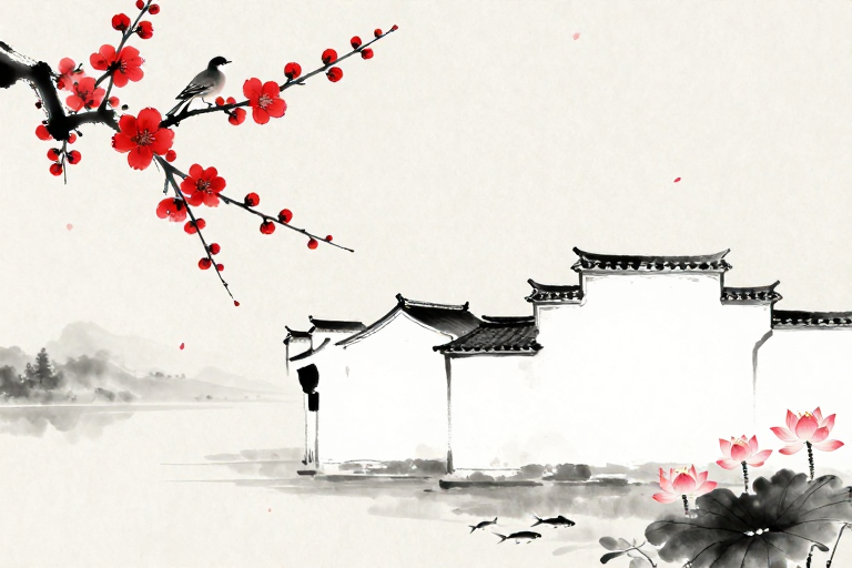 水墨红梅与徽派建筑：东方诗意画卷