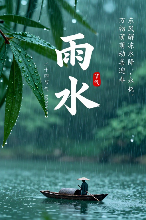 中国风二十四节气雨水海报,深绿青绿清新意境