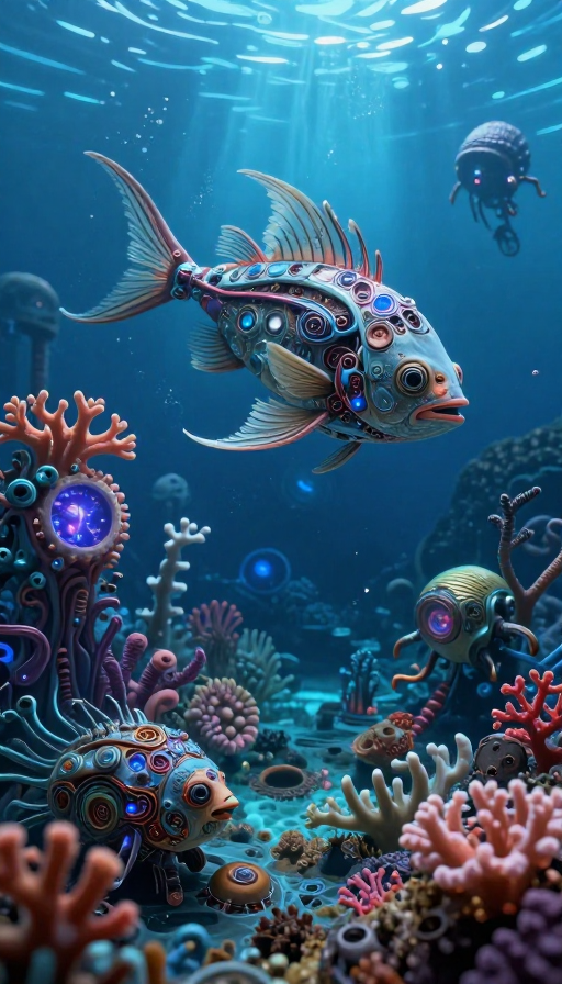 机械深海奇观：神秘生物与能量光纹的梦幻邂逅