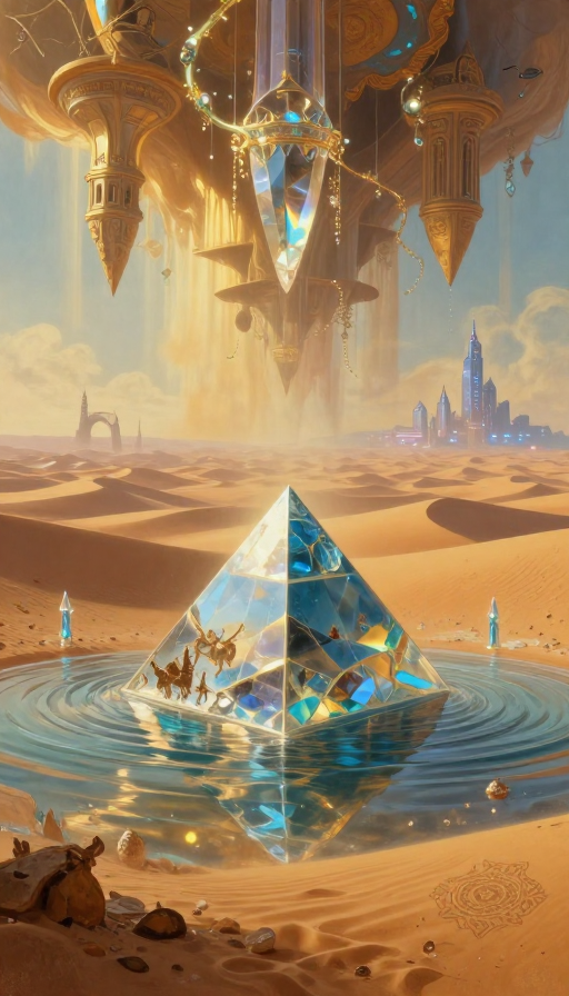 超现实沙漠幻境：琉璃宫殿与水晶金字塔的史诗光影