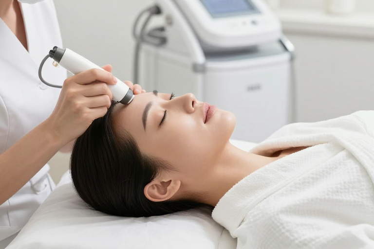 亚洲女性闭眼享受专业射频美容护理