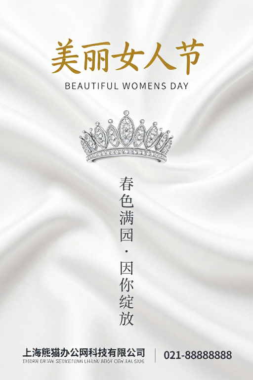 高级感女性节主题海报:丝绸白与金冠绽放