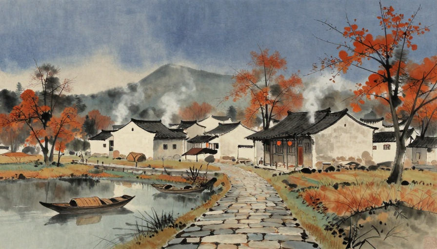 暮色炊烟染秋村,水墨小舟入画来