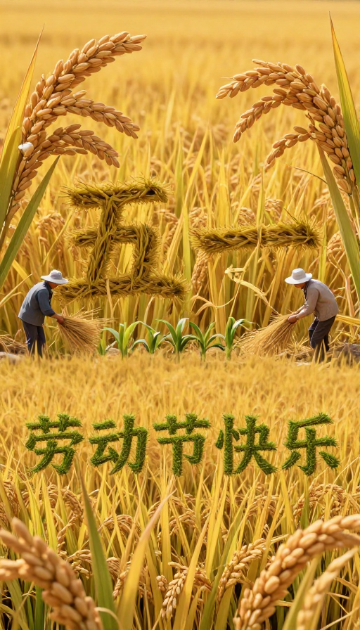 金秋稻田‘五一’祝福:劳动节丰收颂歌