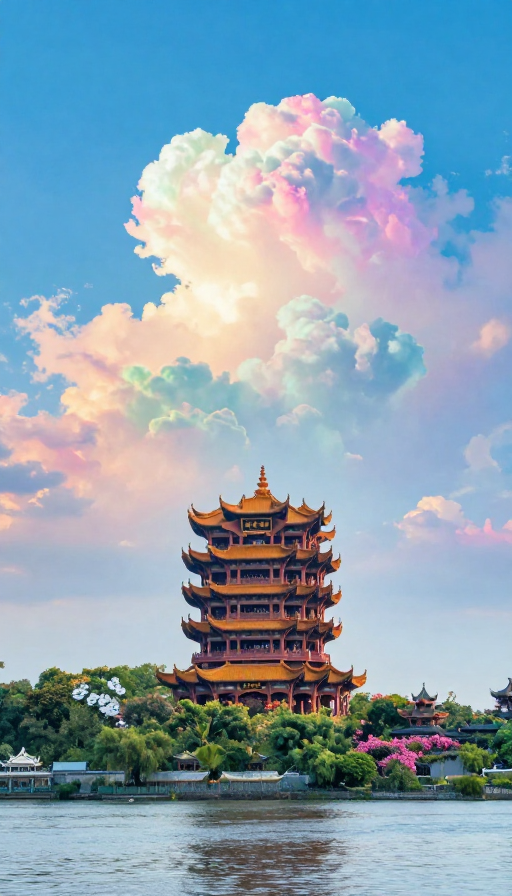 七彩祥云映黄鹤楼：古韵山水画卷