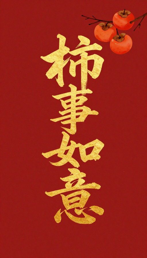 金箔毛笔'柿事如意'文字插画：红色极简背景下的传统祈福艺术