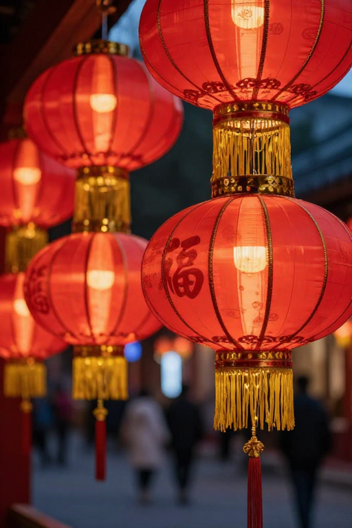 红绸灯串‘福’字暖光映街景