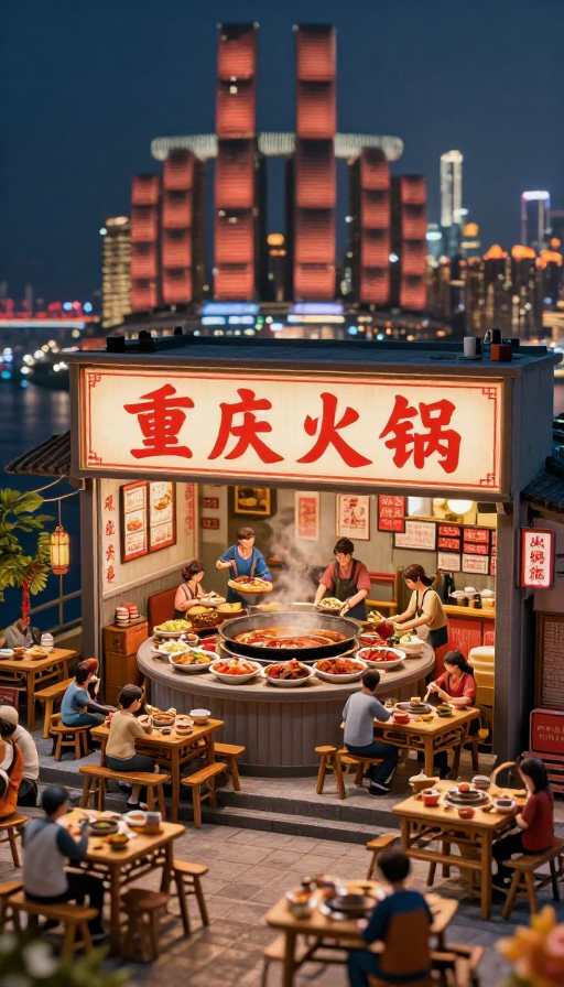重庆火锅巨幕海报:微缩夜景与美食盛宴