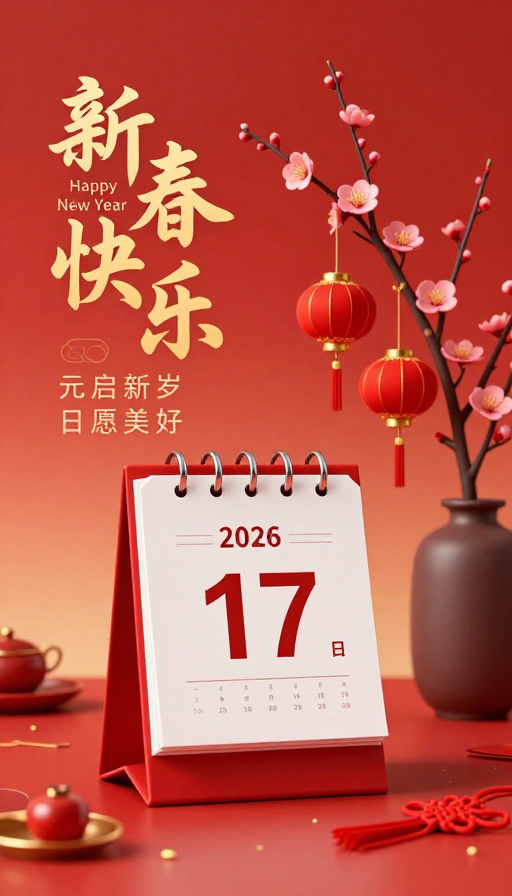 2026新春佳节红色中式日历与灯笼