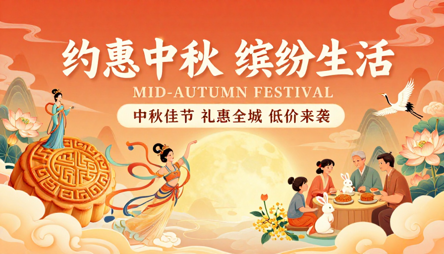 中国风中秋促销海报：暖橙插画献礼缤纷生活