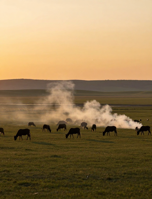 牧场炊烟伴夕阳，草原宁静时光