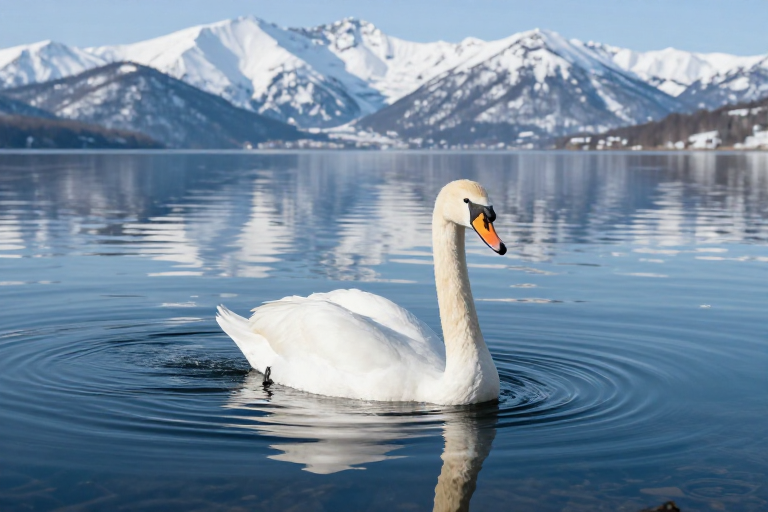 纯净蓝白：天鹅游弋雪山湖面的自然画卷