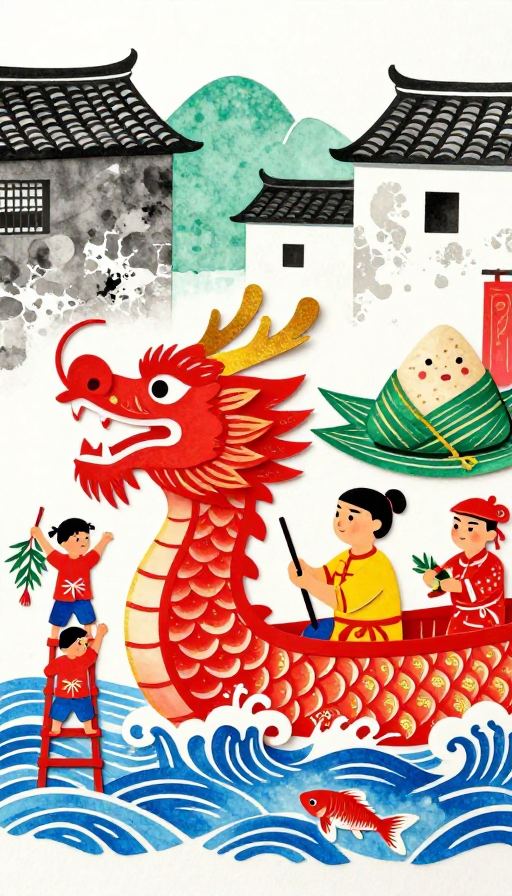 民俗剪纸与农民画融合的端午龙舟艺术插画