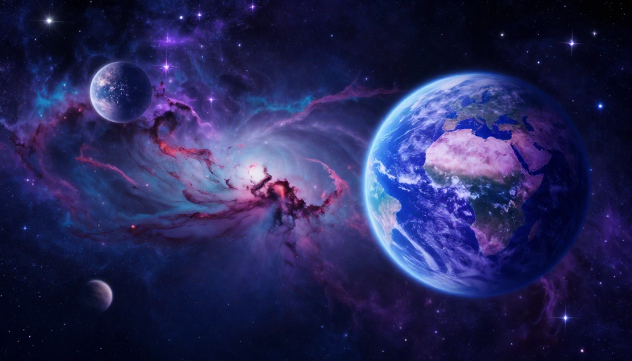 深空星云宇宙：紫蓝渐变与多行星的梦幻场景