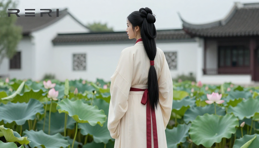 古韵新生:汉服女子于荷塘边的冷调摄影