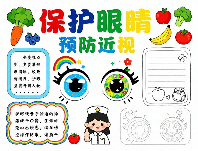 童趣卡通护眼海报：预防近视知识宣传