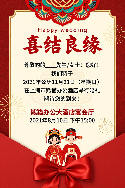 喜庆中式婚礼邀请函：红金古典与现代融合设计