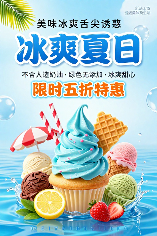 夏日清凉冰淇淋促销海报：冰爽美味视觉盛宴