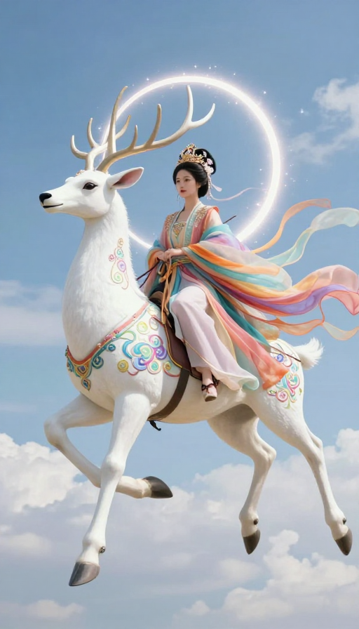 七彩神鹿载仙女飞天：写实国风美照