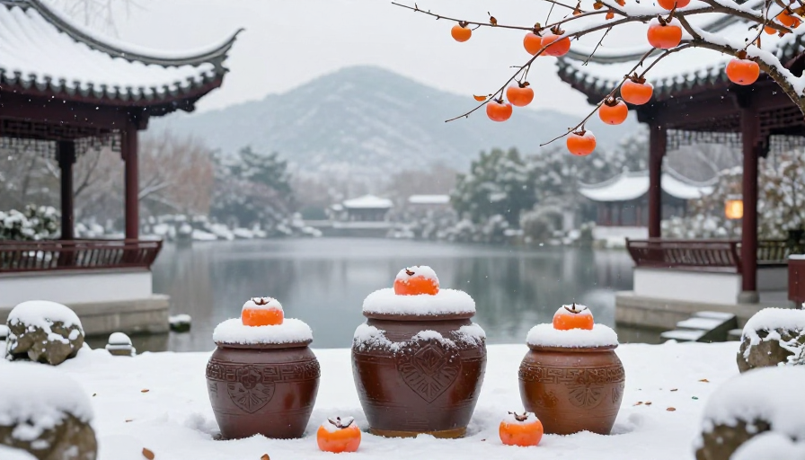 中式雪景庭院：陶罐柿子映飞檐