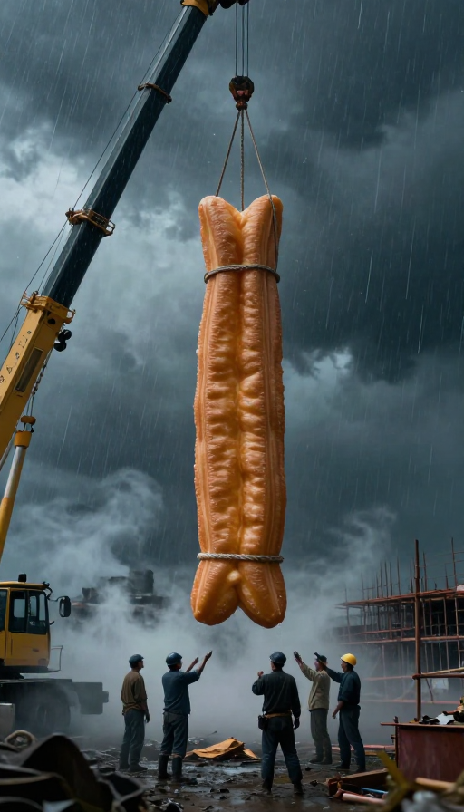 超现实巨型油条吊装:暴雨工地电影感场景