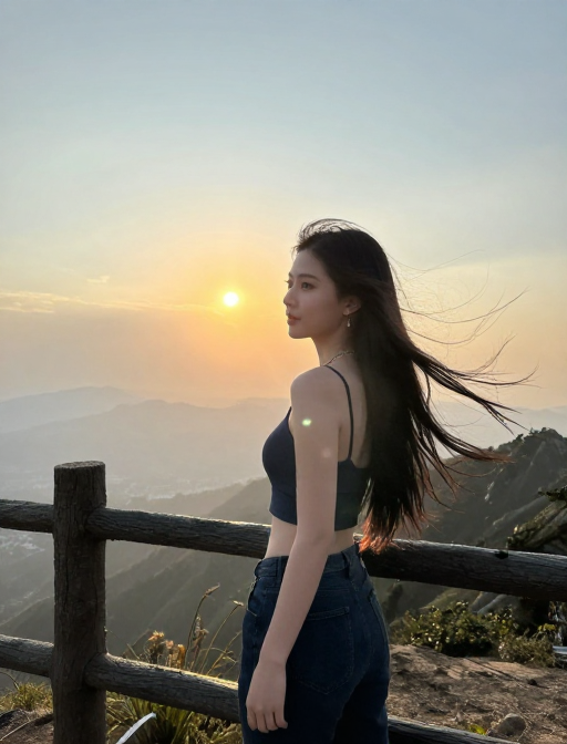 夕阳下的时尚人像:山顶晚霞与丁达尔光线的梦幻瞬间