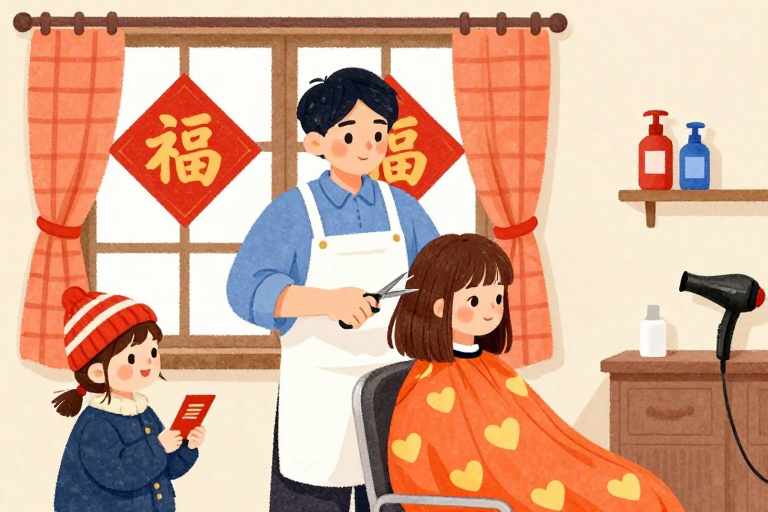 温暖水彩理发时光:福字春联点缀的亲子互动插画