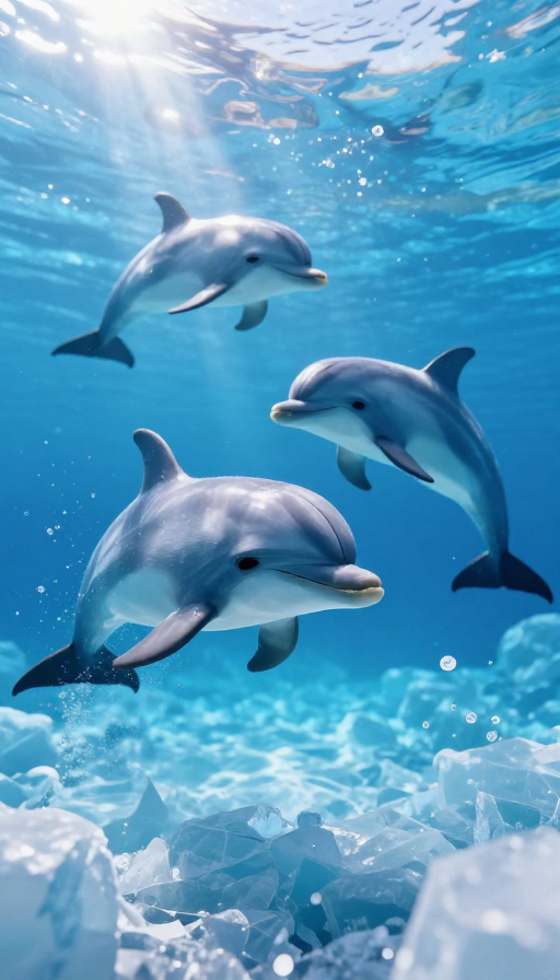 梦幻冰蓝海底世界:海豚阳光嬉戏动态图