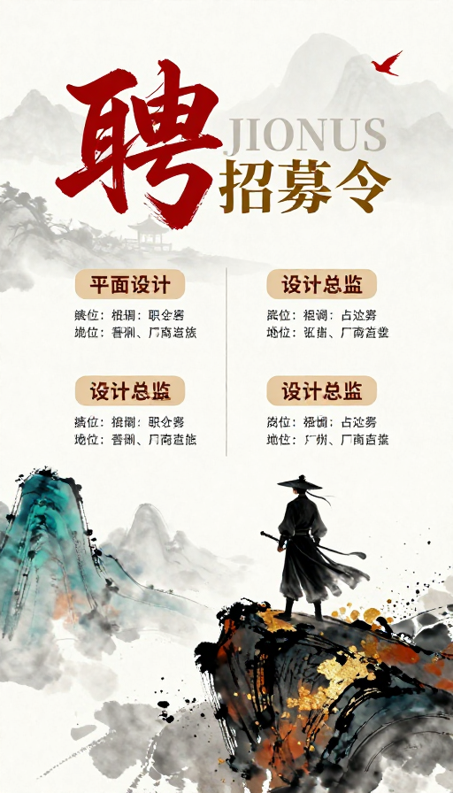 水墨武侠风招聘海报:朱砂红笔邀才