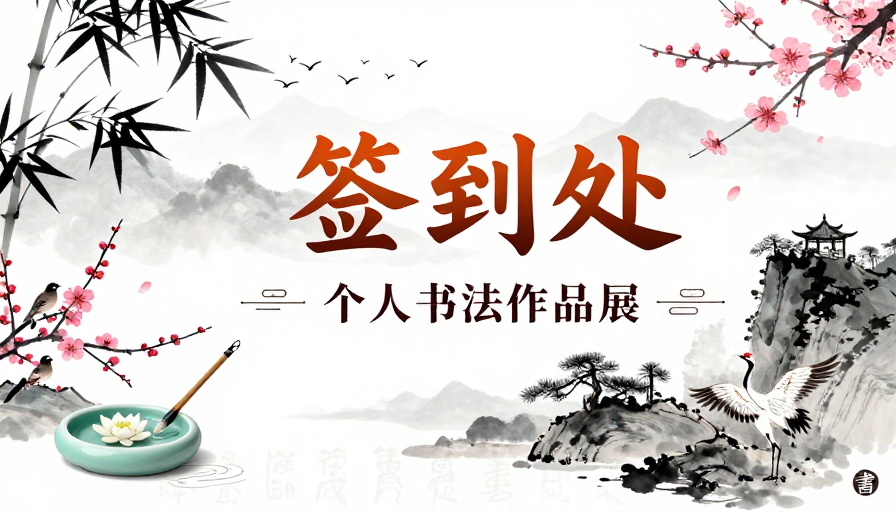 水墨书法签到处海报:清雅传统艺术风采
