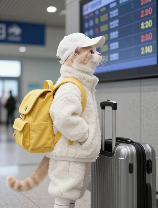 萌趣拟人猫咪专注查看候车室时刻表