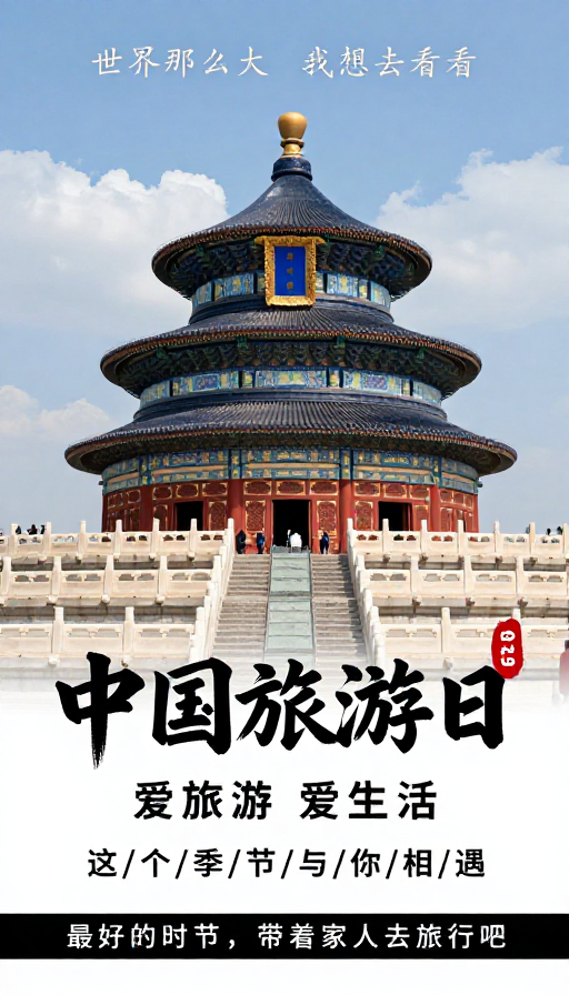 天坛祈年殿下的中国旅游日：典雅与现代交融的文旅海报