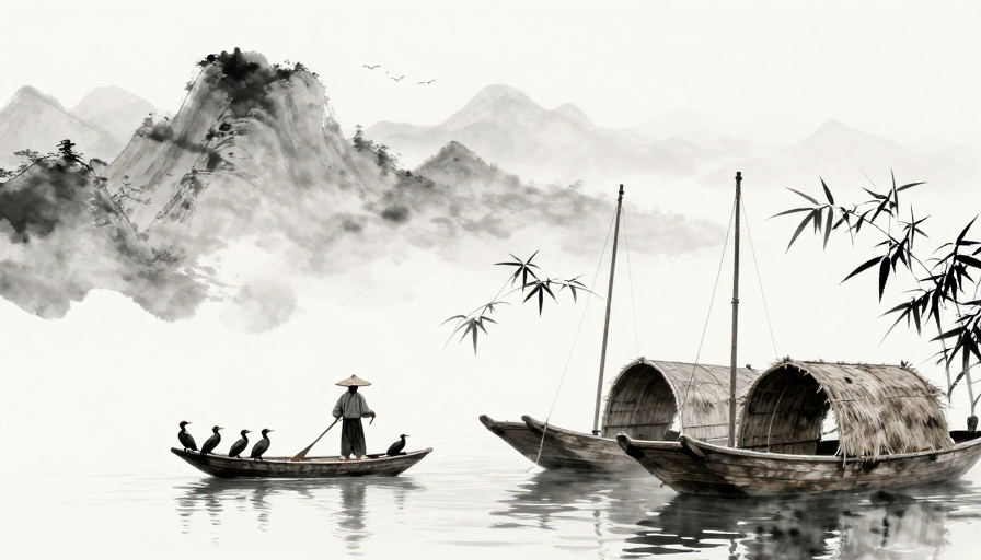 水墨意境:斗笠渔夫与鸬鹚的静谧山水画卷