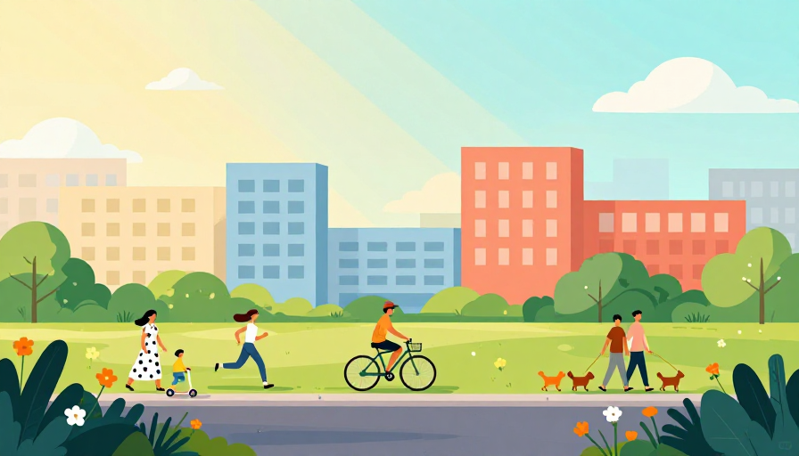 扁平插画城市公园：温暖阳光下的现代生活场景