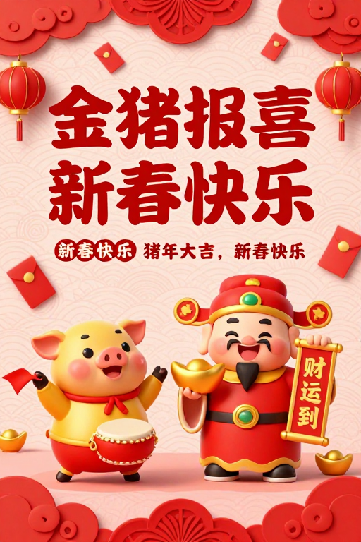 喜庆中国风新年海报：金猪财神共庆新春