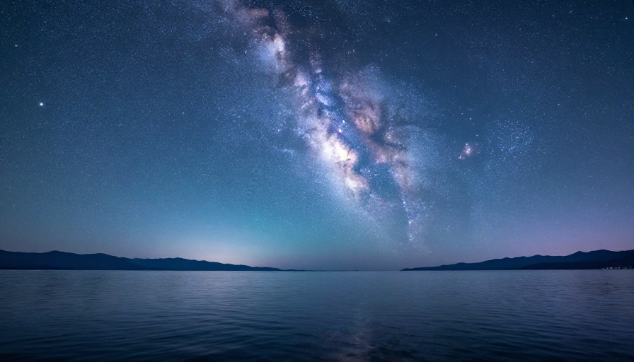 银河璀璨夜空下的静谧海洋倒影