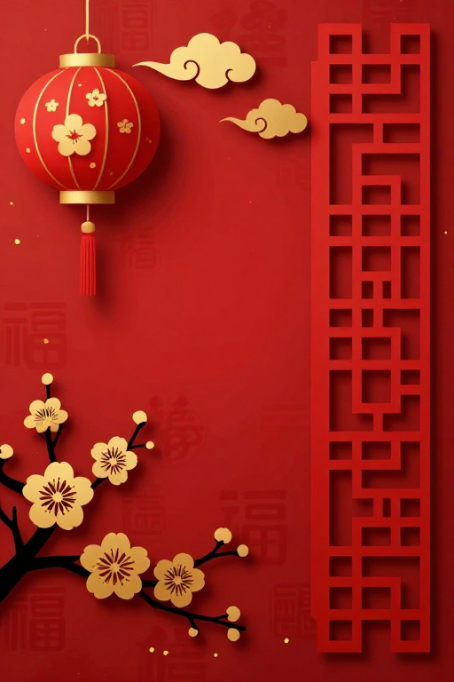 中国红剪纸风喜庆背景图,宫灯梅花点缀